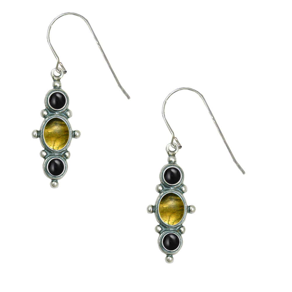 Sterling Silver Drop Dangle Earrings With Citrine And Black Onyx